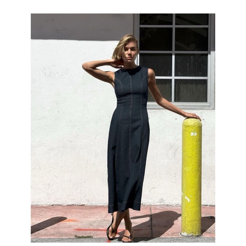 Zara Black Sleeveless Dark Denim Midi Dress